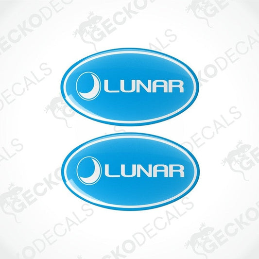 Two blue vinyl stickers with the word 'LUNAR' printed on them, placed against a white background.