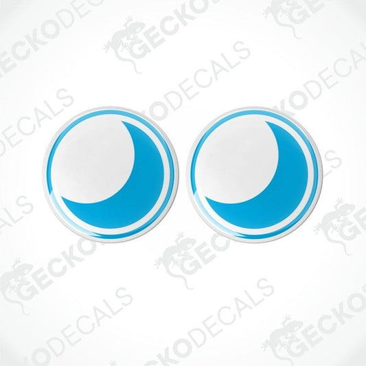 Two blue vinyl stickers with a white crescent moon design, placed on a white background.