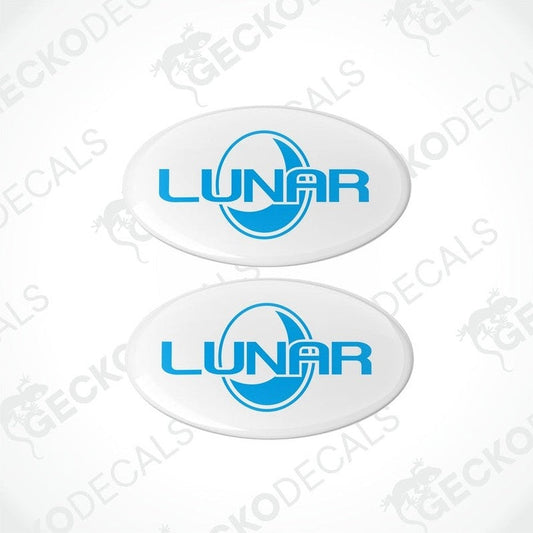 Two white vinyl stickers with a blue 'LUNAR' logo, designed for use as decals.