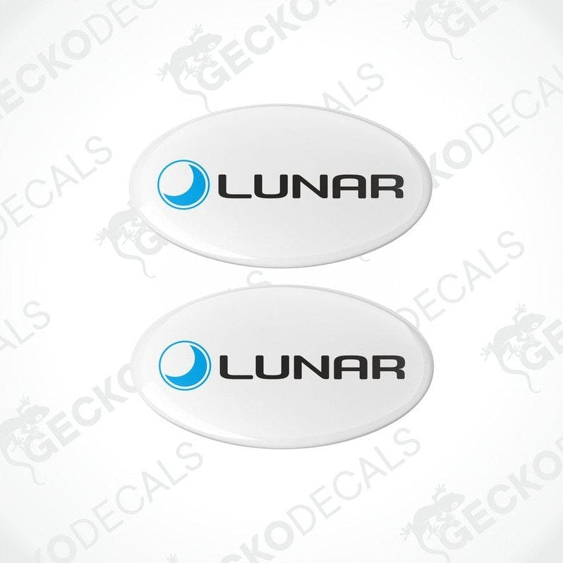 Two white vinyl stickers with a blue 'LUNAR' logo, designed for use as decals.
