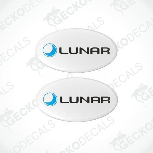 Two white vinyl stickers with a blue 'LUNAR' logo, designed for use as decals.