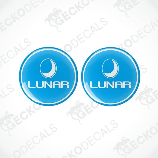 Two blue vinyl stickers with the word 'LUNAR' written on them, placed against a white background with the Gecko Decals logo.