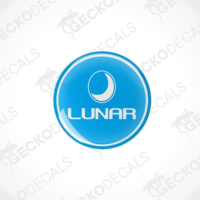 Two blue vinyl stickers with the word 'LUNAR' written on them, placed against a white background with the Gecko Decals logo.