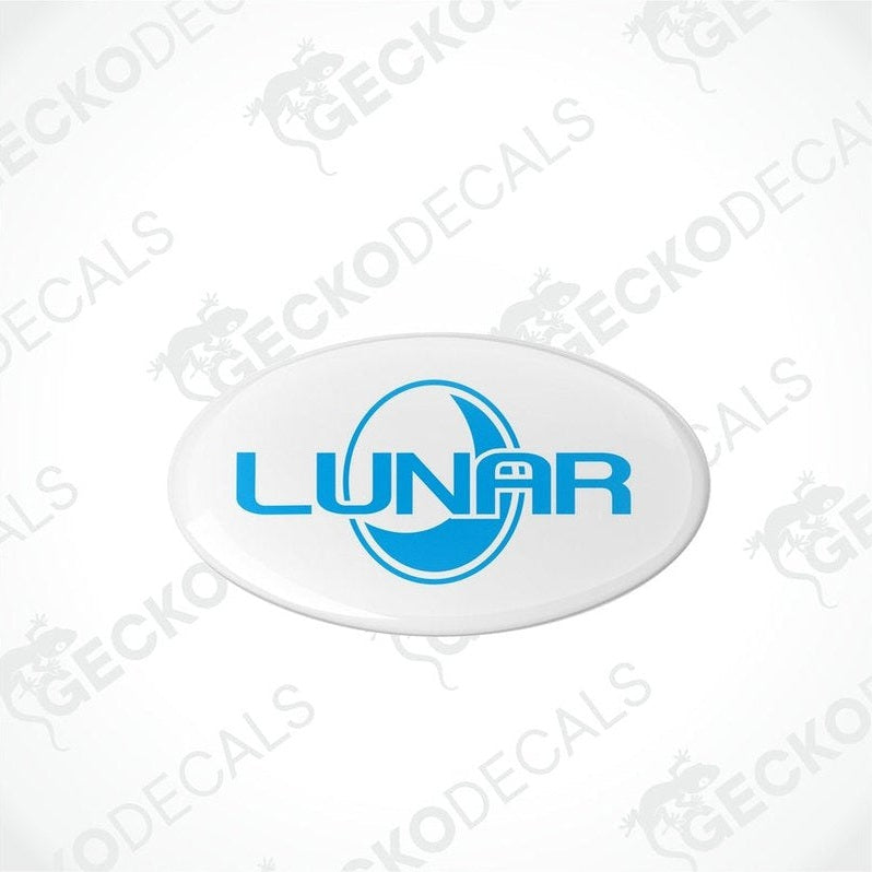 Two white vinyl stickers with a blue 'LUNAR' logo, designed for use as decals.