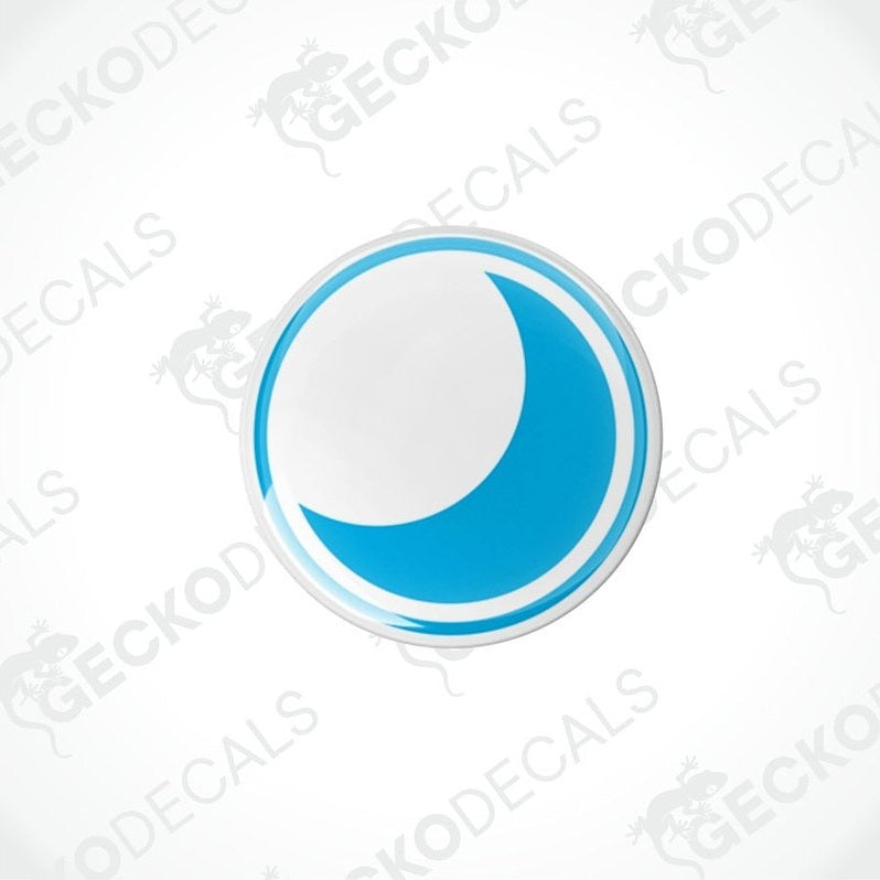 Two blue vinyl stickers with a white crescent moon design, placed on a white background.