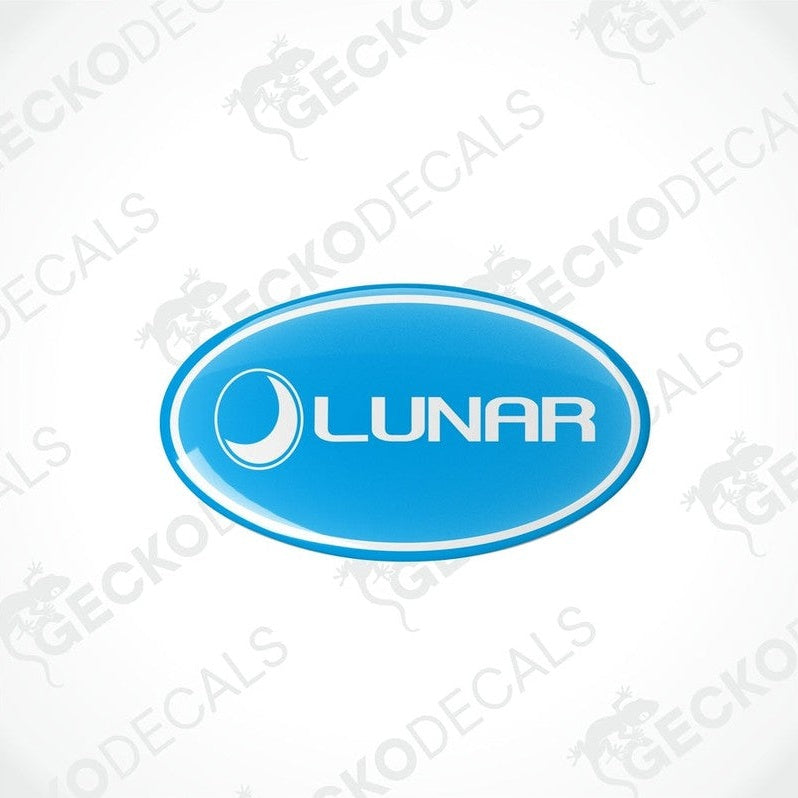 Two blue vinyl stickers with the word 'LUNAR' printed on them, placed against a white background.