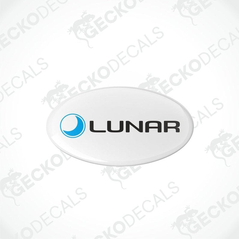 Two white vinyl stickers with a blue 'LUNAR' logo, designed for use as decals.