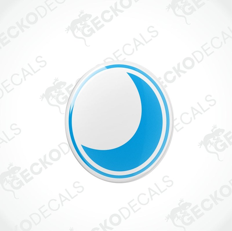Blue crescent moon epoxy decal featuring domed polyurethane finish and white border detail