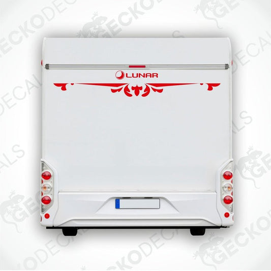 Rear decal of a white caravan with red and black detailing, featuring the brand name 'LUNAR' prominently displayed.