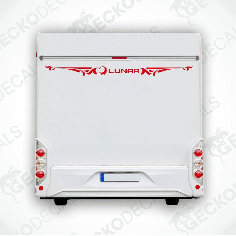 A white caravan with a red and white Lunar brand decal on the rear side.
