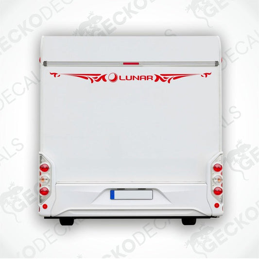 A white caravan with a red and white Lunar brand decal on the rear side.