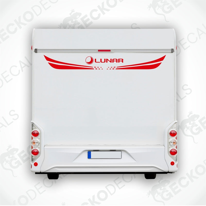 A white caravan with a red and black 'LUNAR' brand decal on the rear side.