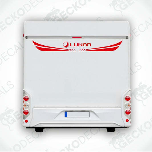 A white caravan with a red and black 'LUNAR' brand decal on the rear side.