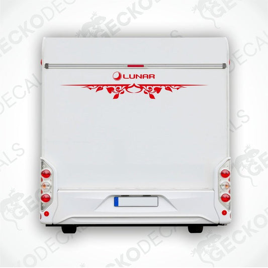 Rear decal of a white caravan with a red and black floral design and the Lunar brand logo.