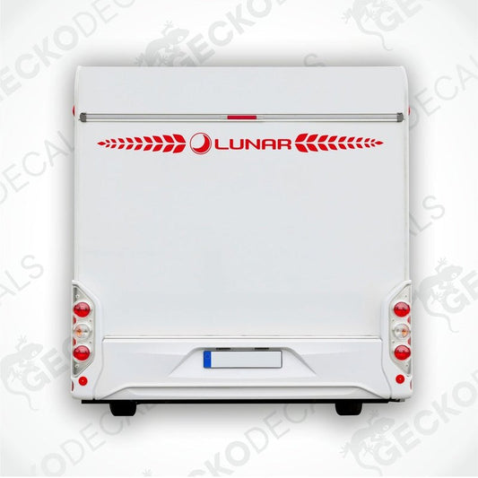 A white caravan with a red and white Lunar brand decal on the rear side.