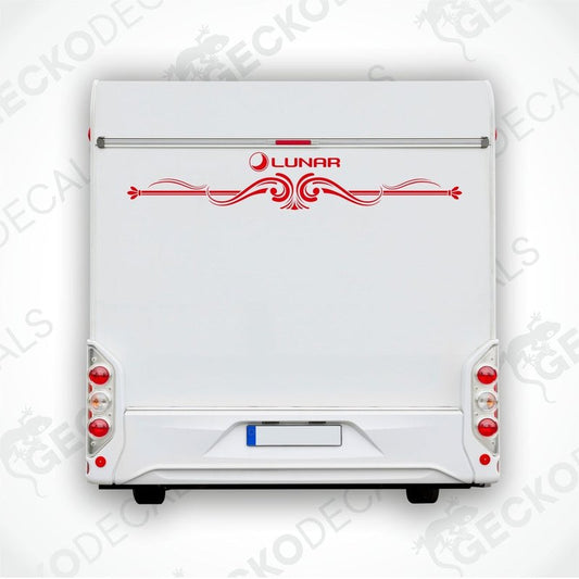A white caravan with a red and white die cut decal featuring the Lunar brand logo.