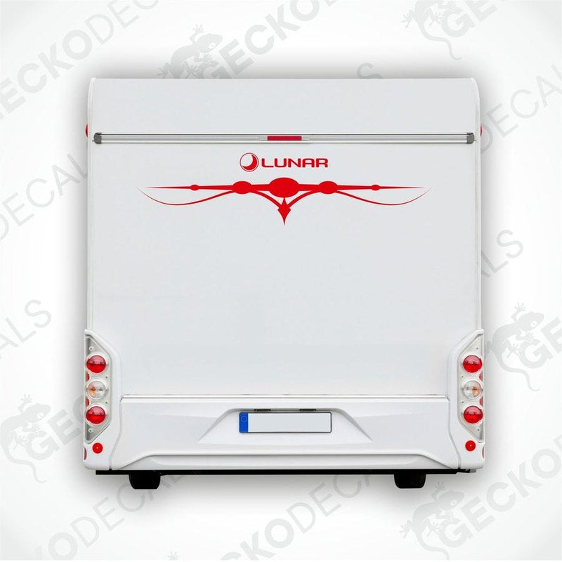 Rear decal of a white caravan with a red and black 'LUNAR' logo design.