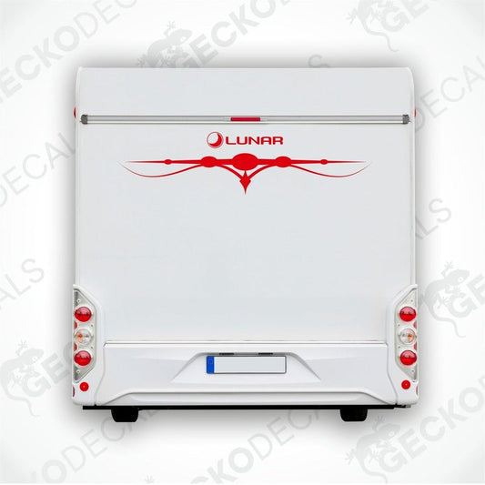 Rear decal of a white caravan with a red and black 'LUNAR' logo design.