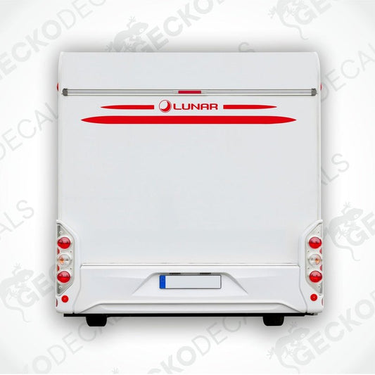 A white Lunar brand rear decal for a caravan with red and black detailing.
