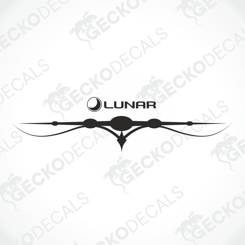Rear decal of a white caravan with a red and black 'LUNAR' logo design.