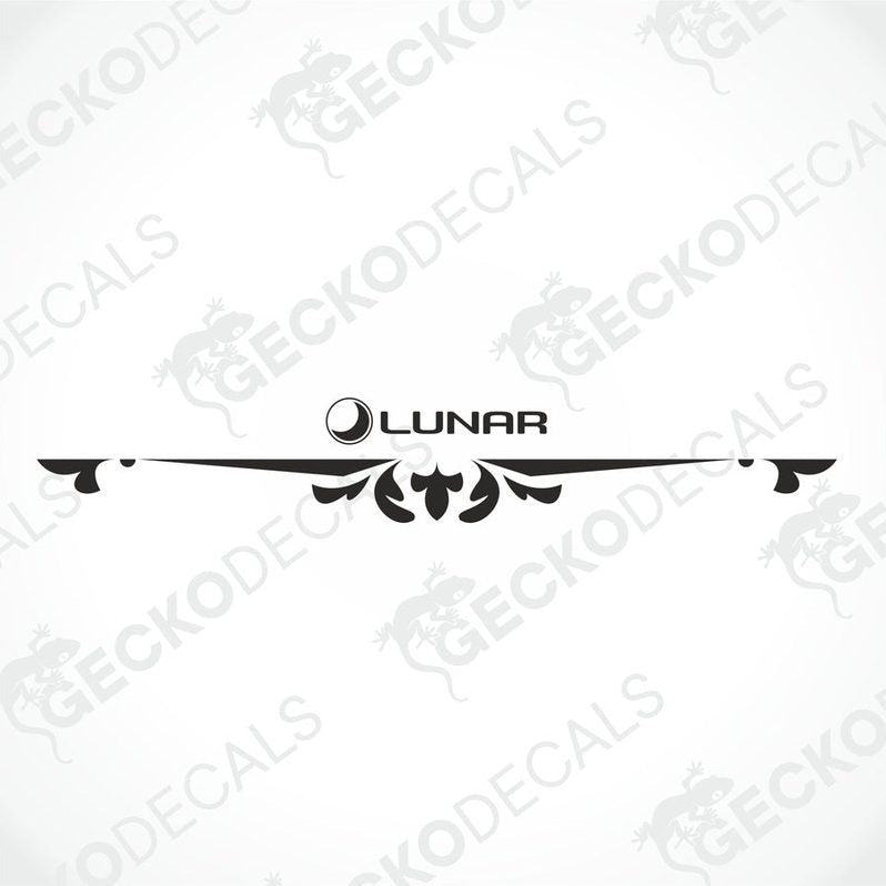 Rear decal of a white caravan with red and black detailing, featuring the brand name 'LUNAR' prominently displayed.