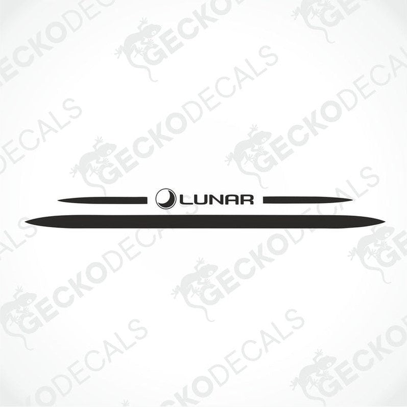 A white Lunar brand rear decal for a caravan with red and black detailing.