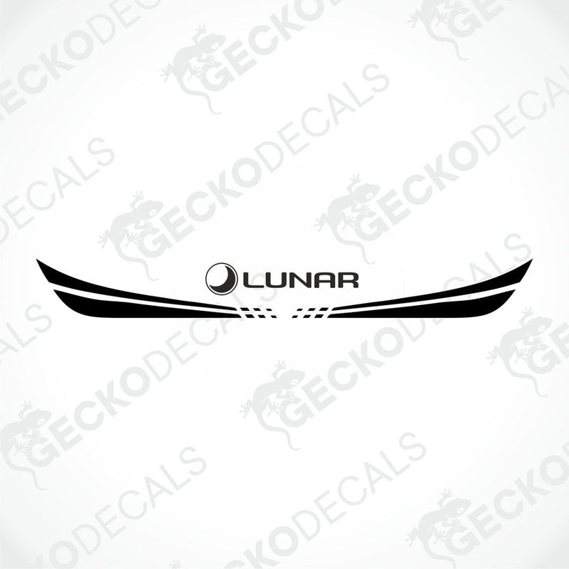 A white caravan with a red and black 'LUNAR' brand decal on the rear side.