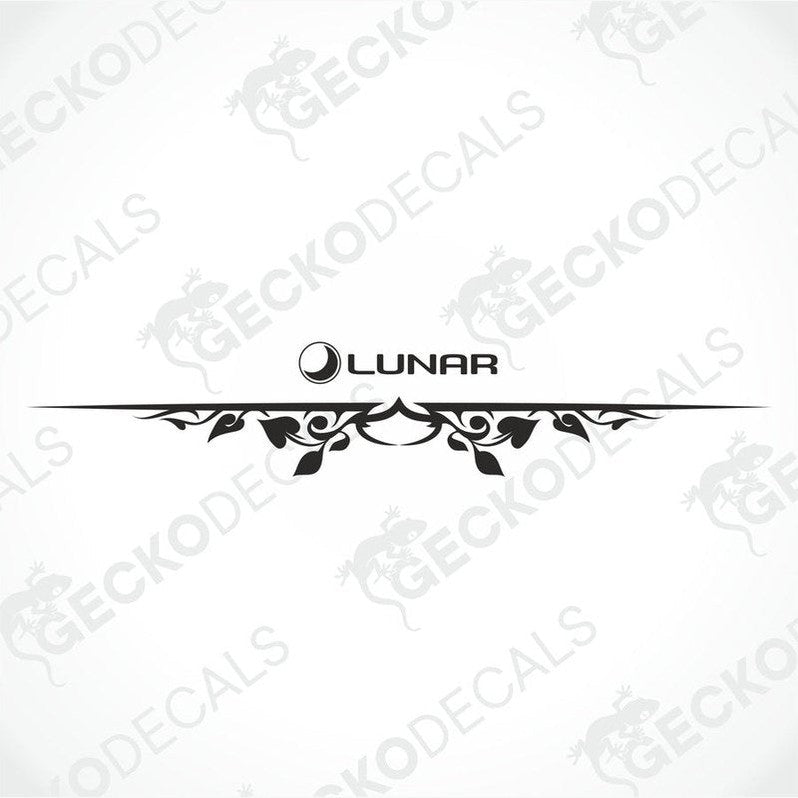 Rear decal of a white caravan with a red and black floral design and the Lunar brand logo.