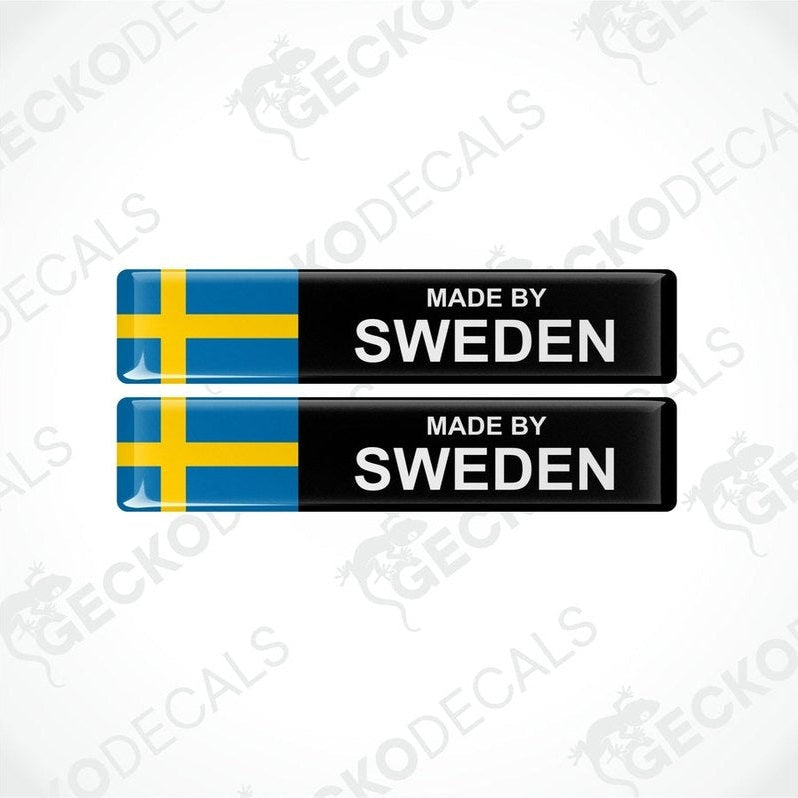 Two rectangular vinyl decals with a polyurethane coating featuring the text 'MADE BY SWEDEN' alongside the Swedish flag.