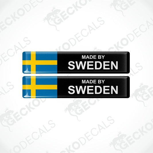 Two rectangular vinyl decals with a polyurethane coating featuring the text 'MADE BY SWEDEN' alongside the Swedish flag.