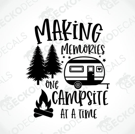 Black die-cut camper decal with pine trees and campfire saying Making Memories One Campsite At A Time