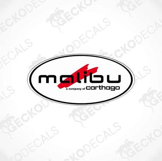 A die cut sticker with the text 'malibu - a company of Carthago' printed in black and red on a white oval background.
