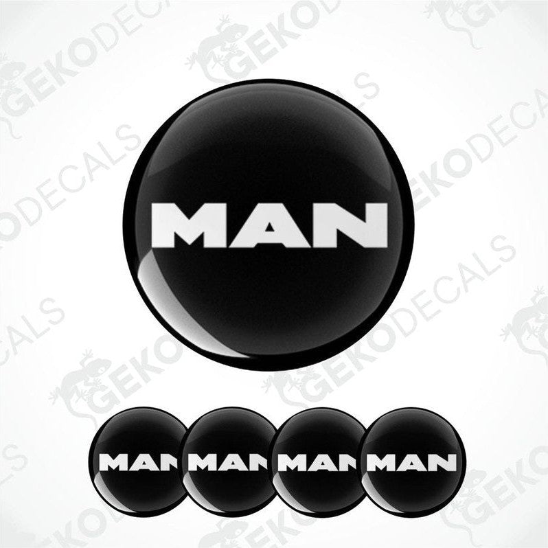 Set of four black vinyl decals with the white text 'MAN' on them, presented against a white background.