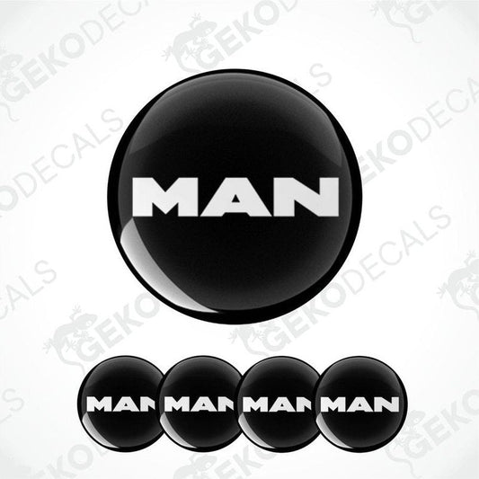 Set of four black vinyl decals with the white text 'MAN' on them, presented against a white background.