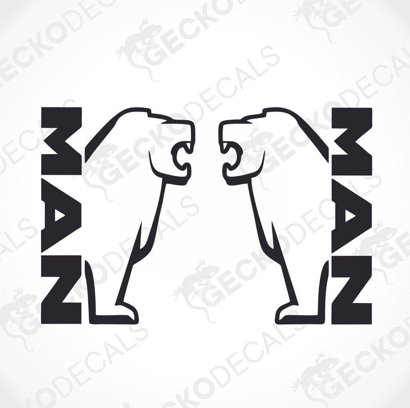 Two black decals with the word 'MAN' and illustrations of lions above the letters.