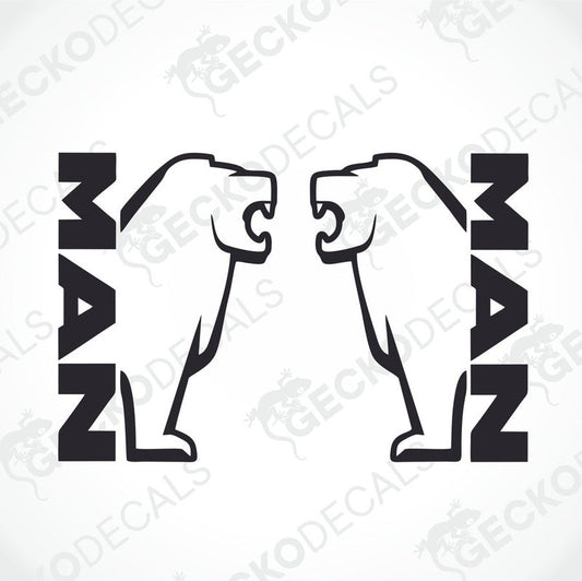 Two black decals with the word 'MAN' and illustrations of lions above the letters.