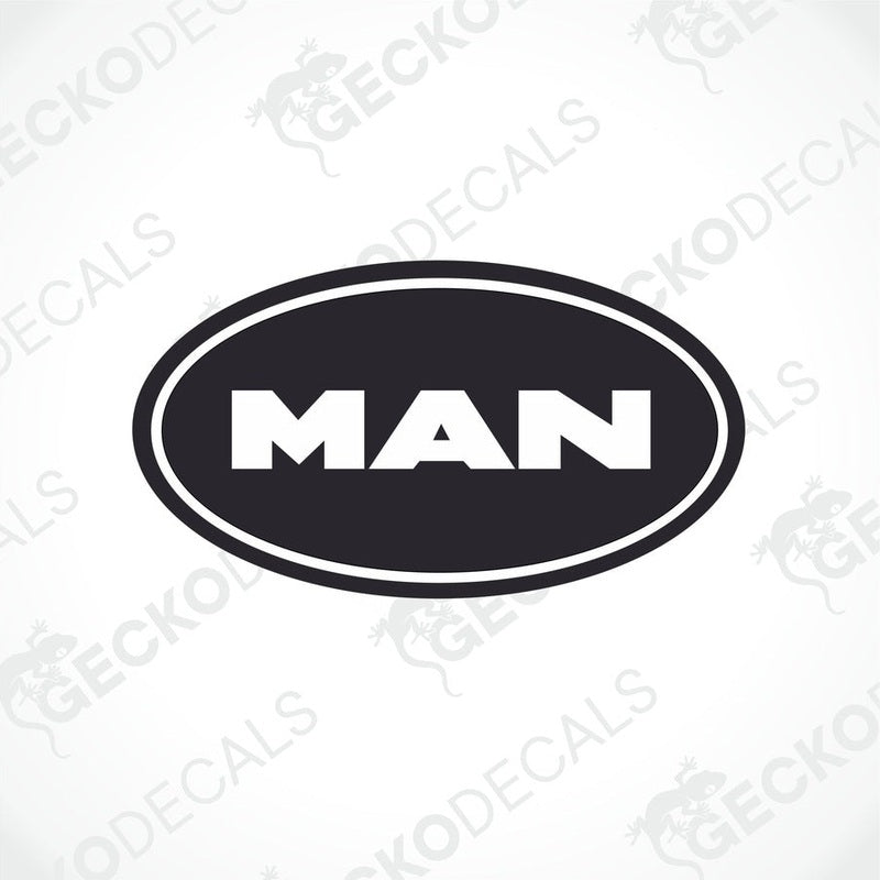 A black and white die cut sticker with the word 'MAN' in the center, surrounded by a white border. 