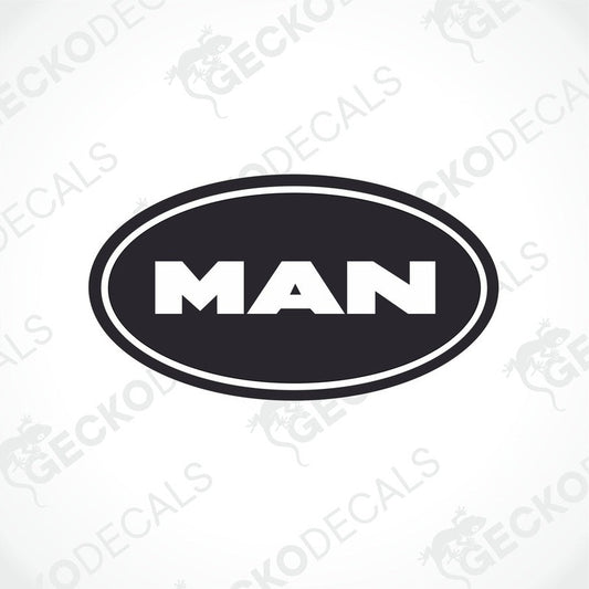 A black and white die cut sticker with the word 'MAN' in the center, surrounded by a white border. 