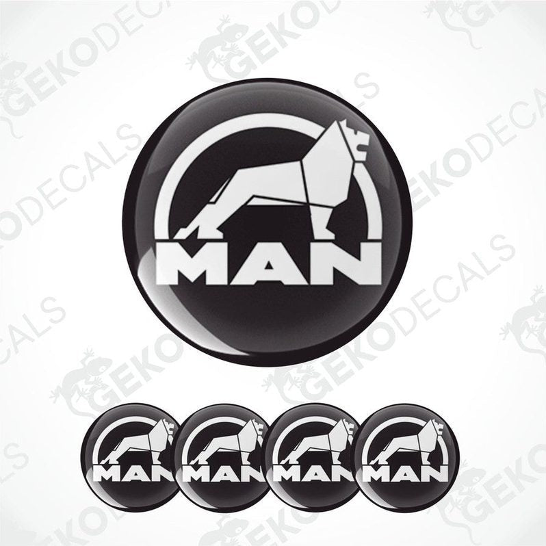 A set of four round vinyl stickers with a design featuring the letters 'MAN' and an illustration of a lion, all in black, white, and gray colors.