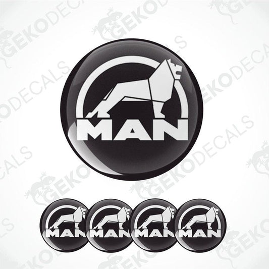 A set of four round vinyl stickers with a design featuring the letters 'MAN' and an illustration of a lion, all in black, white, and gray colors.