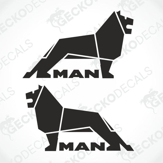Two black vehicle decals, one with the design of a lion's head on the left side, and the other with the letters 'MAN' in a stylized font on the right side, both with the Gecko Decals logo.