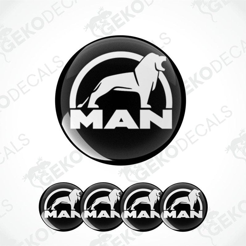 A set of four round vinyl stickers with a design featuring the letters 'MAN' and an illustration of a lion.