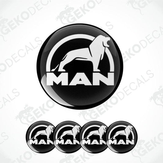 A set of four round vinyl stickers with a design featuring the letters 'MAN' and an illustration of a lion.