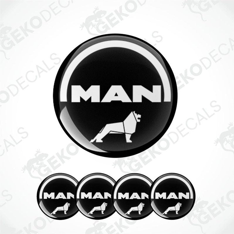 A set of four round vinyl stickers with a design of a lion and the word 'MAN' in capital letters on a white background.
