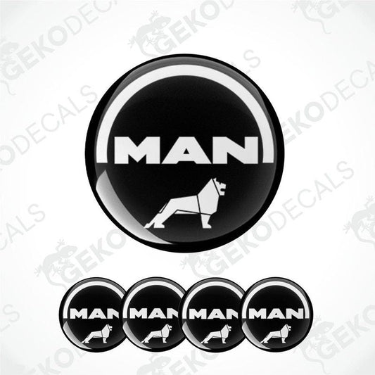 A set of four round vinyl stickers with a design of a lion and the word 'MAN' in capital letters on a white background.