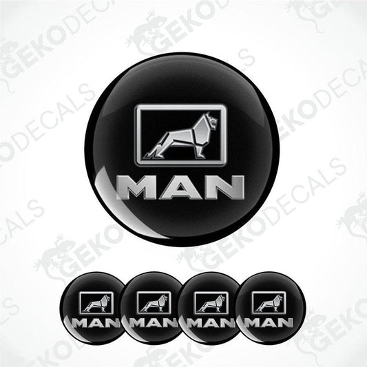 A set of four black vinyl stickers with a MAN logo and a graphic of a lion.