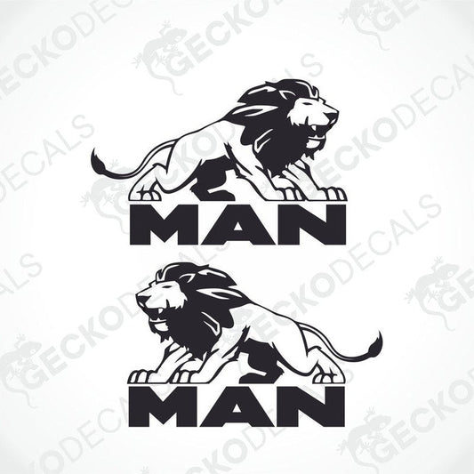 Two black decals of a lion and the word 'MAN' in capital letters, with a Gecko Decals logo.