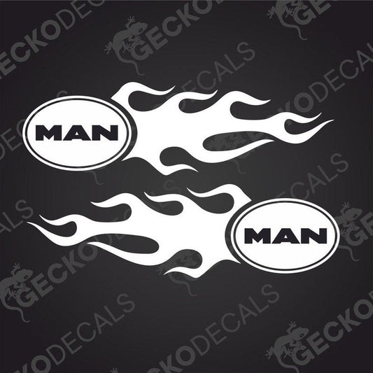 A pair of black and white flame-shaped decals with the brand 'MAN' written inside them, presented on a dark background.