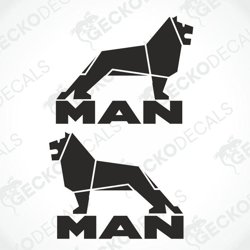 Two black and white decals featuring a stylized lion and the text 'MAN'. One decal is oriented upright and the other is oriented sideways.