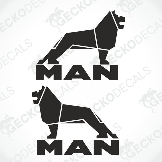 Two black and white decals featuring a stylized lion and the text 'MAN'. One decal is oriented upright and the other is oriented sideways.